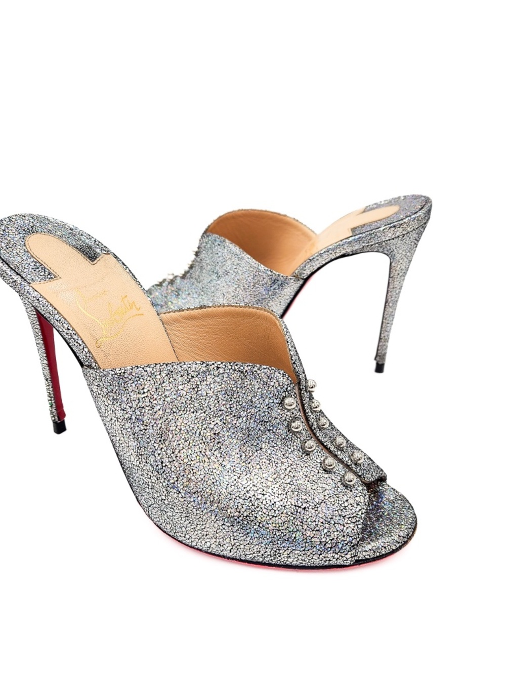 Christian Louboutin Predumule 100 Silver Leather Mica Studded Mule Heels EU 38